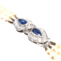 1940s Cultured Pearl Triple Strand Necklace with Sapphire and Diamond Clasp | Parkin and Gerrish (UK)