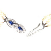 1940s Cultured Pearl Triple Strand Necklace with Sapphire and Diamond Clasp | Parkin and Gerrish (UK)
