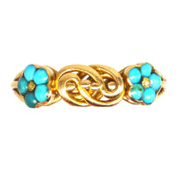 Regency 18ct gold ring with turquoise forget-me-not flowers and double lover’s knot design.