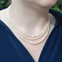 1940s Cultured Pearl Triple Strand Necklace with Sapphire and Diamond Clasp | Parkin and Gerrish (UK)