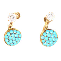 Early 20th century 18ct gold screw-on earrings with diamond and pavé turquoise discs, circa 1910s.