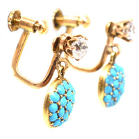 Early 20th century 18ct gold earrings with diamond and pavé turquoise design, circa 1910s, screw-on fittings.