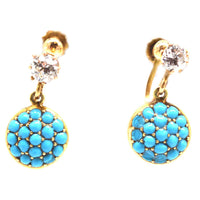 Early 20th century 18ct gold diamond and pavé turquoise screw-on earrings, circa 1910s, showcasing luxury and elegance.