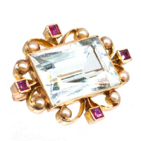 Edwardian 18ct Gold Aquamarine, Ruby and Pearl Brooch | Parkin and Gerrish (UK)