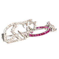 French Art Deco Platinum, Rose Cut Diamond & Ruby Brooch with a Cat and a Mouse | Parkin and Gerrish (UK)