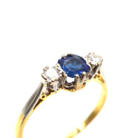 1940s 18ct Gold and Platinum, Asscher Cut Sapphire and Diamond Three Stone Ring | Parkin and Gerrish (UK)