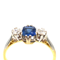 1940s 18ct Gold and Platinum, Asscher Cut Sapphire and Diamond Three Stone Ring | Parkin and Gerrish (UK)