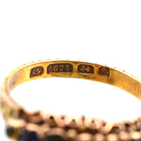 Close-up of 15ct gold acrostic ring hallmarks, showcasing quality and authenticity from Birmingham, 1873.