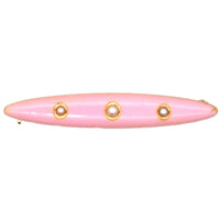 American Edwardian 14ct Gold, Baby Girl Pink Enamel Bar Brooch with Three Split Pearls | Parkin and Gerrish (UK)