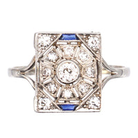 Art Deco 18ct White Gold & Platinum, Diamond & Sapphire Plaque Ring | Parkin and Gerrish (UK)