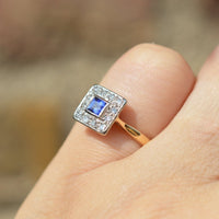 Art Deco Platinum & 18ct Gold, Sapphire and Diamond Square Cluster Ring | Parkin and Gerrish (UK)