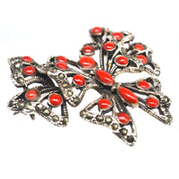 Art Deco Silver Marcasite & Synthetic Red Coral Butterfly Brooch / Pendant | Parkin and Gerrish (UK)