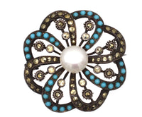 Art Deco Silver Marcasite Turquoise and Cultured Pearl Brooch | Parkin and Gerrish (UK)