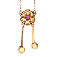 Edwardian 15ct Gold, Ruby and Opal Cluster Negligee (Double Drop) Pendant with Chain | Parkin and Gerrish (UK)