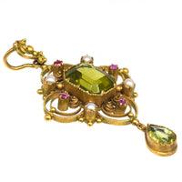 Edwardian 15ct Gold Suffragette Pendant with Peridot, Pearls and Rubies | Parkin and Gerrish (UK)