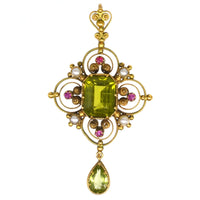 Edwardian 15ct Gold Suffragette Pendant with Peridot, Pearls and Rubies | Parkin and Gerrish (UK)