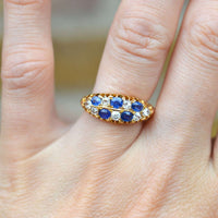 Edwardian 18ct Gold, Sapphire & Old Mine Cut Diamond Boat Shaped Chequerboard Ring | Parkin and Gerrish (UK)