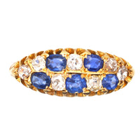 Edwardian 18ct Gold, Sapphire & Old Mine Cut Diamond Boat Shaped Chequerboard Ring | Parkin and Gerrish (UK)