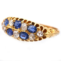 Edwardian 18ct Gold, Sapphire & Old Mine Cut Diamond Boat Shaped Chequerboard Ring | Parkin and Gerrish (UK)