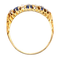 Edwardian 18ct Gold, Sapphire & Old Mine Cut Diamond Boat Shaped Chequerboard Ring | Parkin and Gerrish (UK)