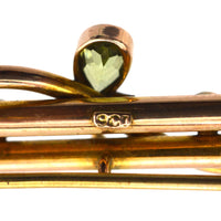 Edwardian 9ct Gold Bar Brooch with a Pear Shape Peridot & Seed Pearls | Parkin and Gerrish (UK)