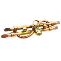 Edwardian 9ct Gold Bar Brooch with a Pear Shape Peridot & Seed Pearls | Parkin and Gerrish (UK)