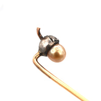 Edwardian 9ct Gold & Silver, Diamond & Natural Pearl Acorn Tie Pin | Parkin and Gerrish (UK)