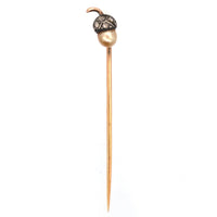Edwardian 9ct Gold & Silver, Diamond & Natural Pearl Acorn Tie Pin | Parkin and Gerrish (UK)