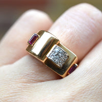 French 1940s Retro 18ct Gold & Platinum Diamond and Ruby Buckle Ring | Parkin and Gerrish (UK)