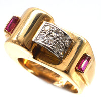 French 1940s Retro 18ct Gold & Platinum Diamond and Ruby Buckle Ring | Parkin and Gerrish (UK)
