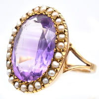 Large Edwardian 15ct Gold, Amethyst & Natural Split Pearl Cocktail Ring | Parkin and Gerrish (UK)
