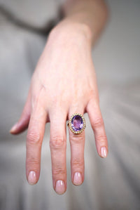Large Edwardian 15ct Gold, Amethyst & Natural Split Pearl Cocktail Ring | Parkin and Gerrish (UK)
