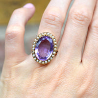 Large Edwardian 15ct Gold, Amethyst & Natural Split Pearl Cocktail Ring | Parkin and Gerrish (UK)
