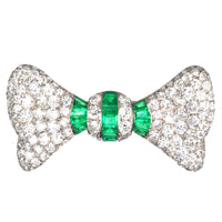 Large French Art Deco Platinum Diamond and Emerald Bow Brooch | Parkin and Gerrish (UK)