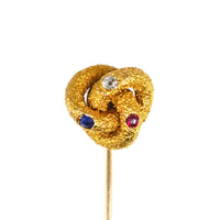 Victorian Large 15ct Gold Knot Tie Pin with a Sapphire, Diamond and a Ruby | Parkin and Gerrish (UK)