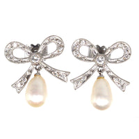 Vintage 18ct White Gold Diamond Bow and Cultured Pearl Drop Earrings | Parkin and Gerrish (UK)