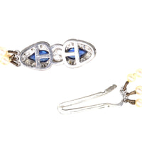 1940s Cultured Pearl Triple Strand Necklace with Sapphire and Diamond Clasp | Parkin and Gerrish (UK)