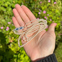 1940s Cultured Pearl Triple Strand Necklace with Sapphire and Diamond Clasp | Parkin and Gerrish (UK)