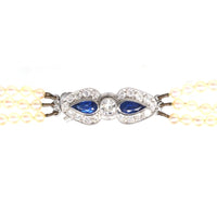 1940s Cultured Pearl Triple Strand Necklace with Sapphire and Diamond Clasp | Parkin and Gerrish (UK)