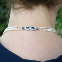 1940s Cultured Pearl Triple Strand Necklace with Sapphire and Diamond Clasp | Parkin and Gerrish (UK)