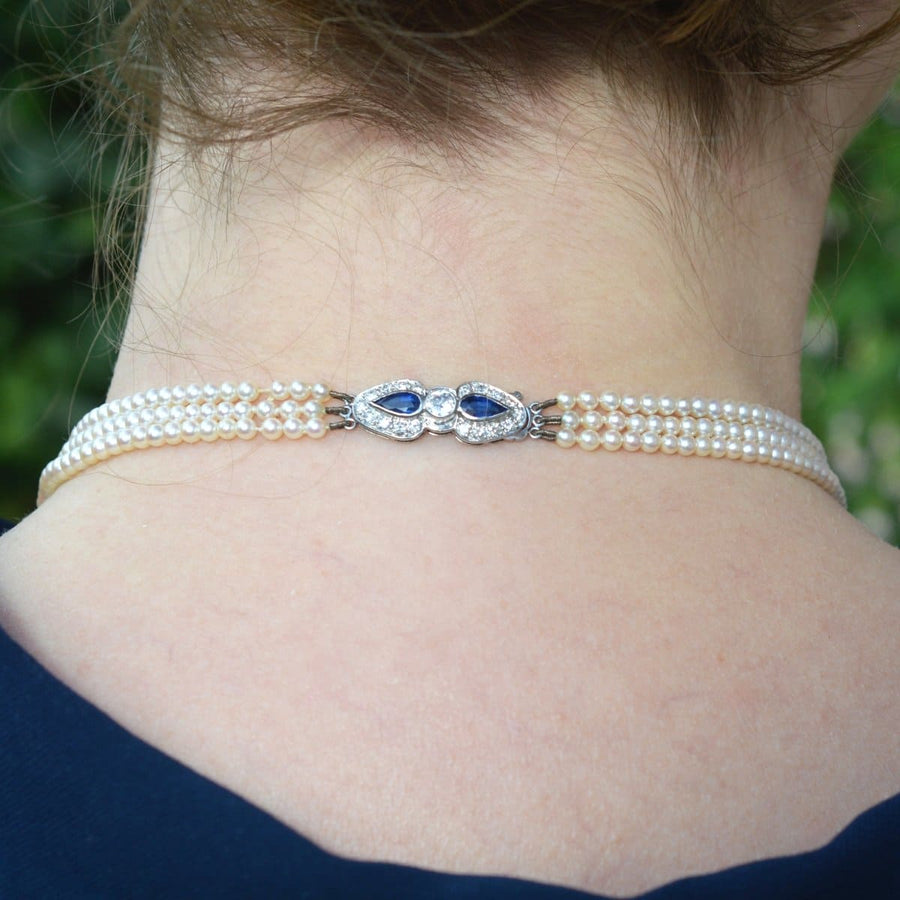 1940s Cultured Pearl Triple Strand Necklace with Sapphire and