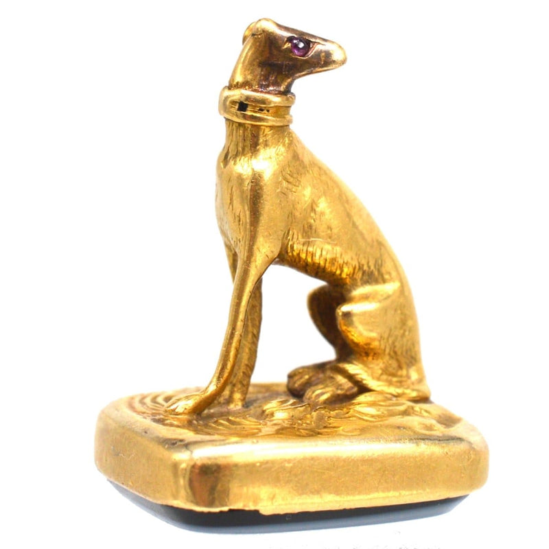 19th Century 15ct Gold Whippet / Greyhound Dog Pendant with a Sardonyx Seal Fob