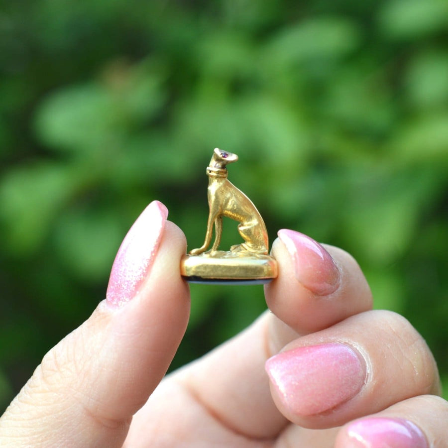 19th Century 15ct Gold Whippet / Greyhound Dog Pendant with a Sardonyx Seal Fob | Parkin and Gerrish | Antique & Vintage Jewellery