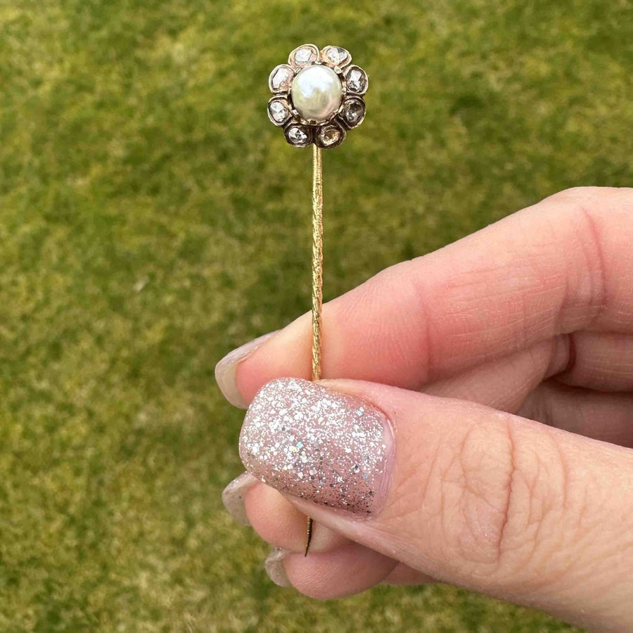 19th Century 18ct Gold Natural Pearl and Rose Cut Diamonds Cluster Tie Pin | Parkin and Gerrish | Antique & Vintage Jewellery