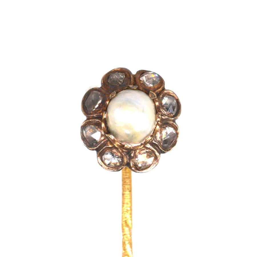 19th Century 18ct Gold Natural Pearl and Rose Cut Diamonds Cluster Tie Pin | Parkin and Gerrish | Antique & Vintage Jewellery