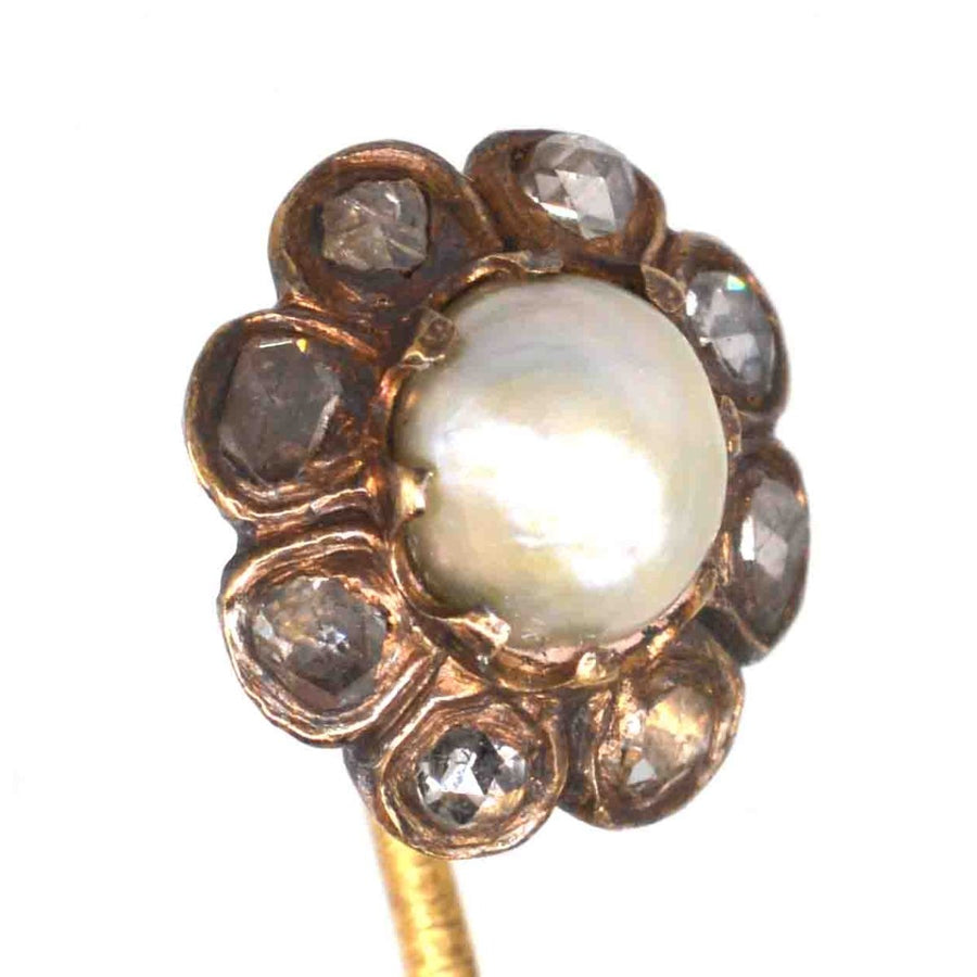 19th Century 18ct Gold Natural Pearl and Rose Cut Diamonds Cluster Tie Pin | Parkin and Gerrish | Antique & Vintage Jewellery