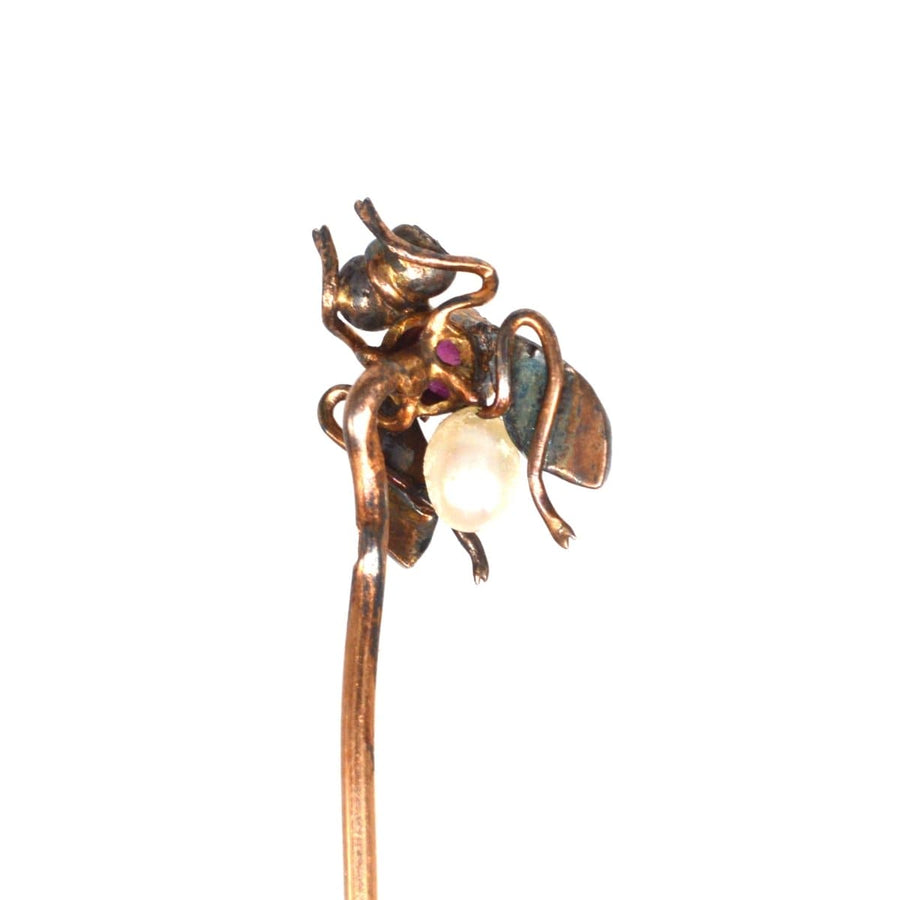 19th Century French Silver and 18ct Gold Ruby, Pearl and Diamond Bug Tie Pin | Parkin and Gerrish | Antique & Vintage Jewellery