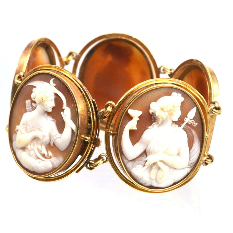 Bracelet Grand Tour du XIXe siècle en or 18 carats sculpté avec camée de Dieu et de Déesse