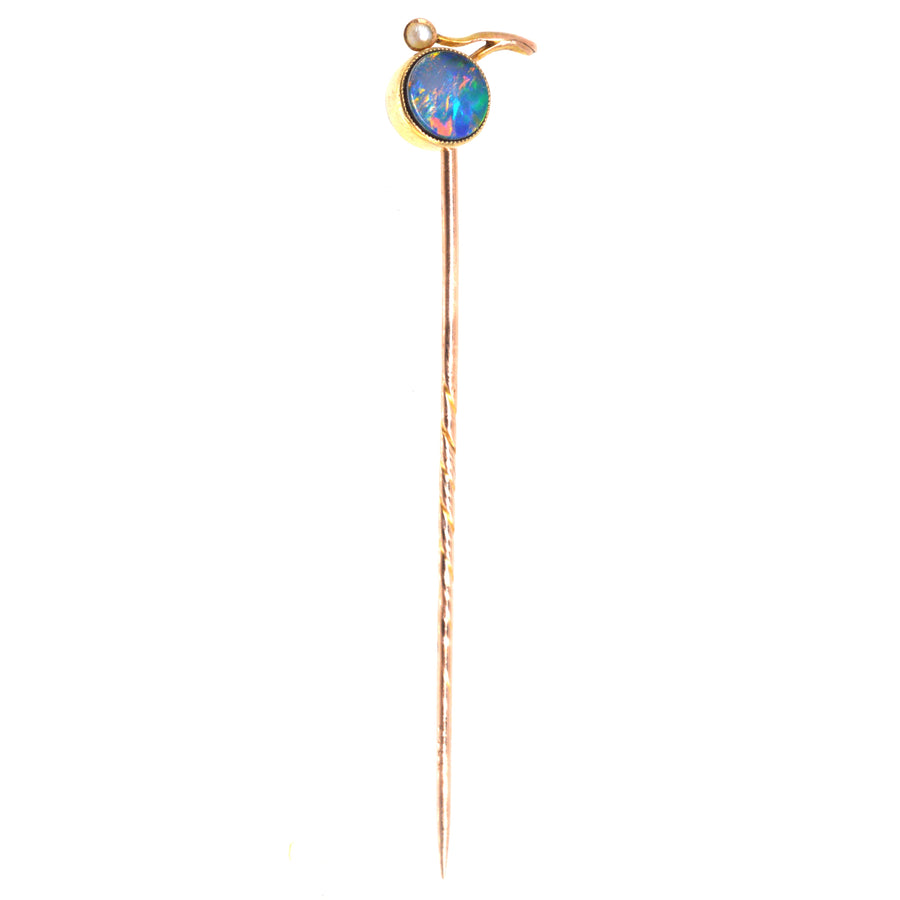 Edwardian 9ct Gold Black Opal Doublet and Pearl Tie Pin