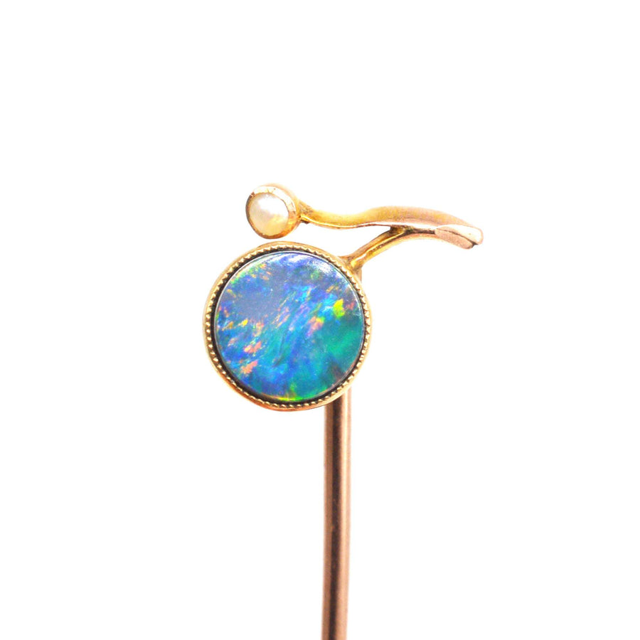 Edwardian 9ct Gold Black Opal Doublet and Pearl Tie Pin